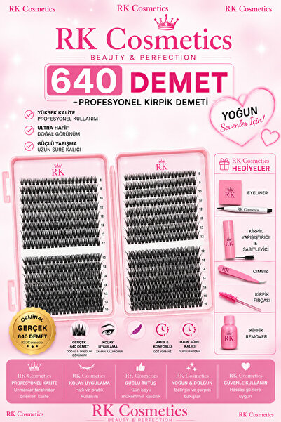 RK Cosmetic Hacimli Volimli İpek Takma Kirpik 640 Demet Yapıştırıcı Cımbız Se...