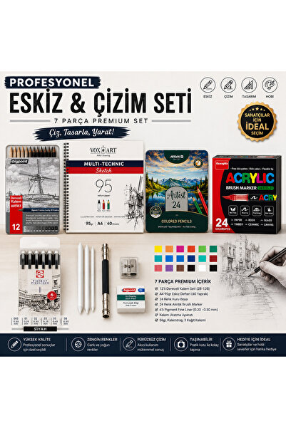 Genel Markalar Profesyonel Eskiz ve Çizim Seti 9 Parça A4 Sketch Defteri 12'l...