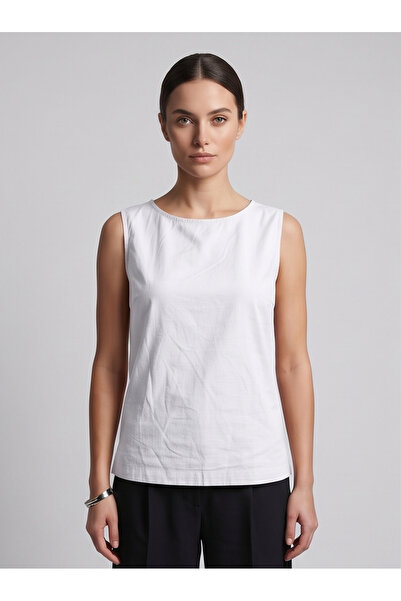 Herry Kadın %100 Pamuk Keten Görünümlü Dokuma Basic Kolsuz Bluz