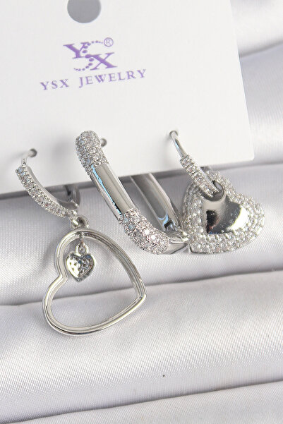 DMR Elegance Brass Silver Color Dangle Zircon Stone Heart Model 3-Piece Women...