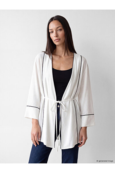 LC Waikiki White V-Neck Striped Women's Kimono