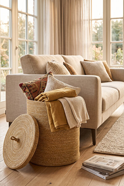 Villadia Home Textile Hasır Sepet Çok Amaçlı Çamaşır Oyuncak Battaniye Kıyafe...