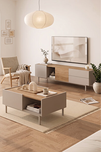 Yurudesign Sedra Tv Ünitesi Orta Sehpa 2'Li Set Ahşap Ayaklı Sepet-Kumsal SD9-CS