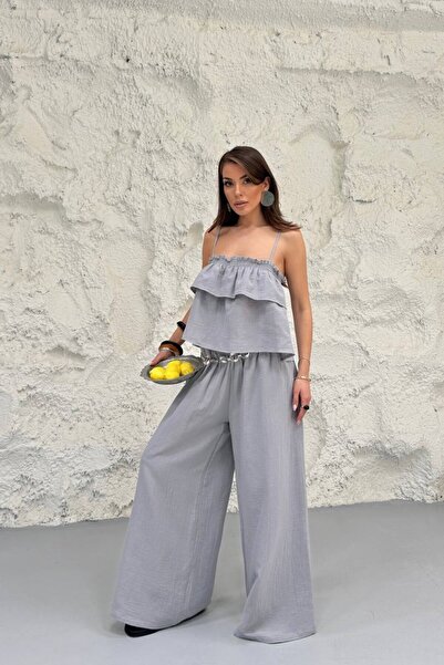 NEW STATION Women's Cotton Muslin Fabric Strap Top and Palazzo Pants Design D...