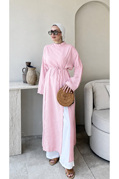 Miraydın Butik تونيك نسائي طويل برباط على الخصر وسحاب M2665 - وردي