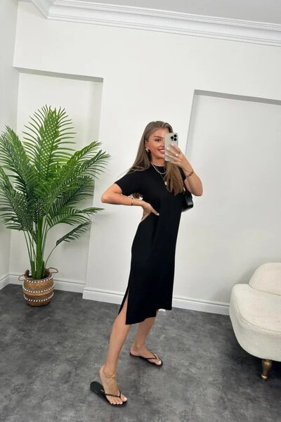 Wear Up Women's Short Sleeve Slit Detailed Loose Viscose Dress