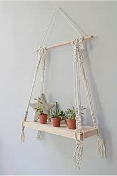 GENERAL رف معلق على الحائط من Decazone ® Macramé مصنوع من خشب الصنوبر مع دعام...