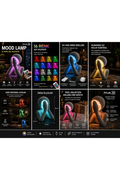 AYLAB3D Dekoratif Heykel Tasarımlı Düşünen Adam Gece Lambası 16 Renk Kumandalı RGB Ortam Lambası USB Masa Lambası Modern Hediye