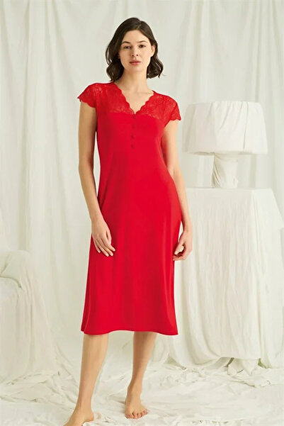 SS HOME CONCEPT Lace Front Buttoned Nightgown with Sleeves Shoulder and Neckline