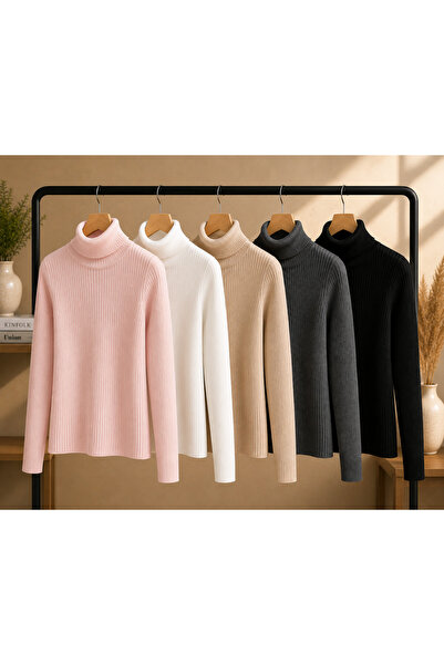 DepoExport Women's Body-Fitting Turtleneck Ribbed Knit Sweater