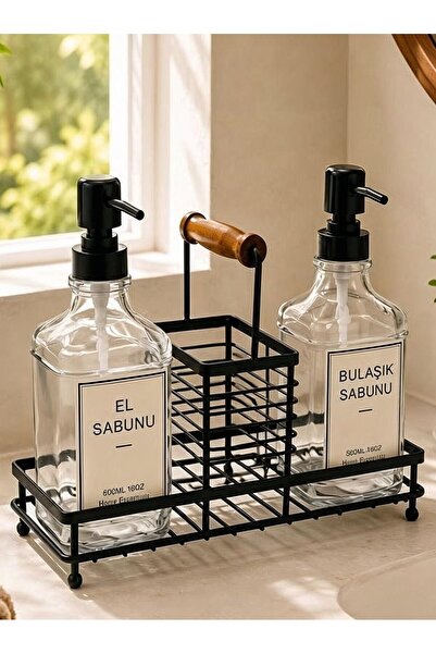 GÖNÜL 2'li Cam Sıvı Sabunluk Seti Metal Standlı Mutfak ve Banyo El Sabunluk B...
