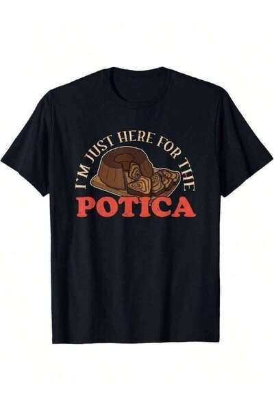 9JY تي شيرت مطبوع عليه 'I'Just Here Potica' لمحبي الفطائر، أسود مع نص أحمر، ن...
