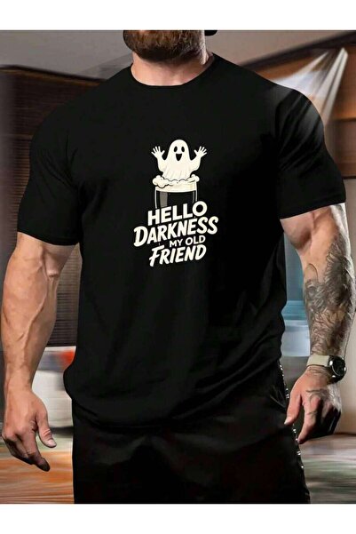 25W تي شيرت رجالي بأكمام قصيرة مع طباعة "Hello Darkness My Friend" وياقة دائر...