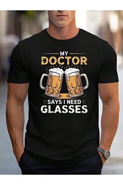 9JY تي شيرت رجالي أسود مطبوع عليه عبارة My Doctor Says I Need Glasses Beer Mu...