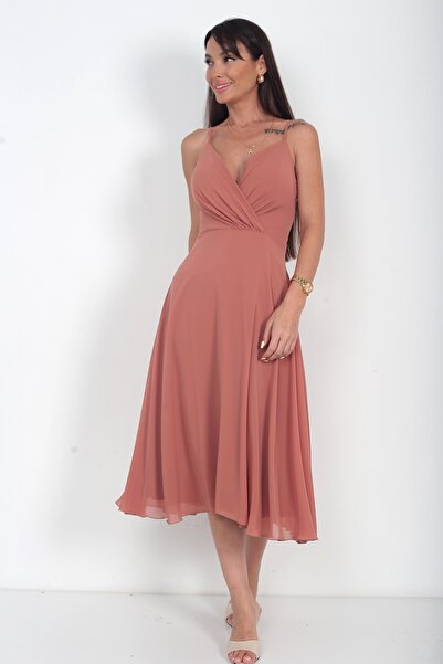 By Saygı Women's Rope Strap Double Breasted Collar Lined Chiffon Flared Midi ...