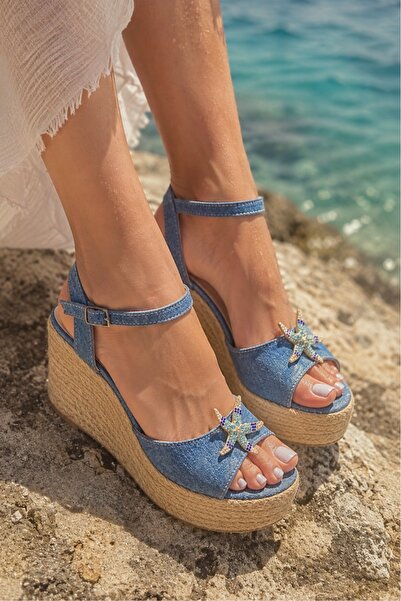 Giydim Gidiyor Gemma Blue Hasır Dolgu Topuklu Sandalet Kot