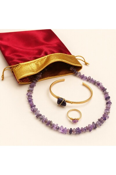 Ceyyiz Natural Amethyst Stone 3-Piece Women's Jewelry Set Necklace Bracelet Ring