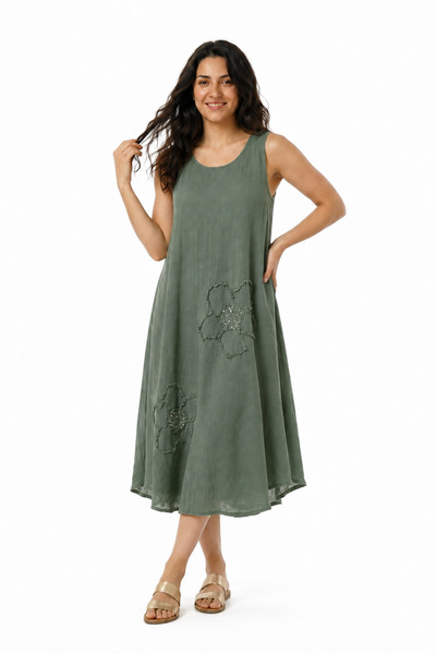 EtkiModa Rochie autentică fără mâneci, cu detalii Daisy, din bumbac organic 100% pentru femei