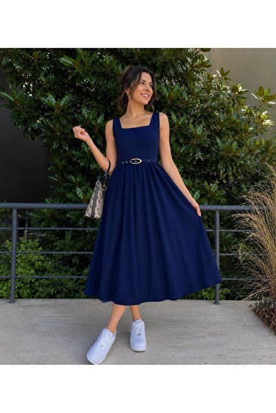 ikomteks Belt Detailed Square Neck Midi Dress