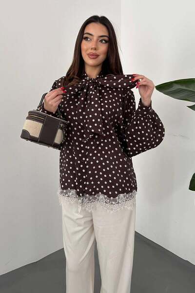 Clothes Fast Women's Brown Shirt with Polka Dot Scarf Collar, Balloon Sleeves...