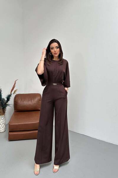 Moda Days Women's Brown Jumpsuit Bat Sleeve Waist Gathered Belt Accessory Wid...