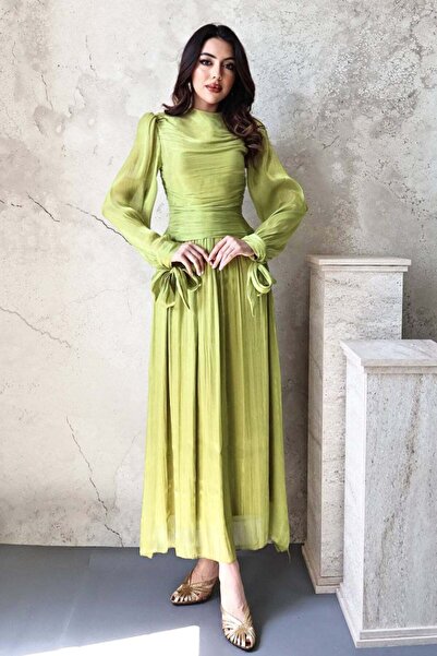 Moda Days فستان نسائي طويل باللون الأخضر الزيتوني مع أكمام مطوية وحزام وطية ع...