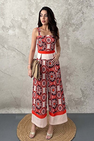 Moda Days Women's Beige Top and Bottom Set with Ethnic Pattern, Straps, Squar...