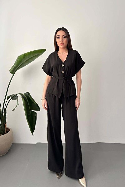 Moda Days طقم بنطلون وبلوزة نسائية باللون الأسود، ياقة على شكل حرف V، بأزرار ...