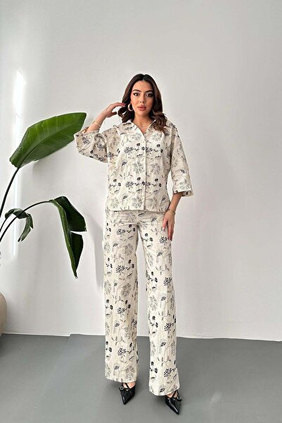 Moda Days Women's Beige Shirt-Pants Set Embroidered Shirt Pants Set Wide Leg ...