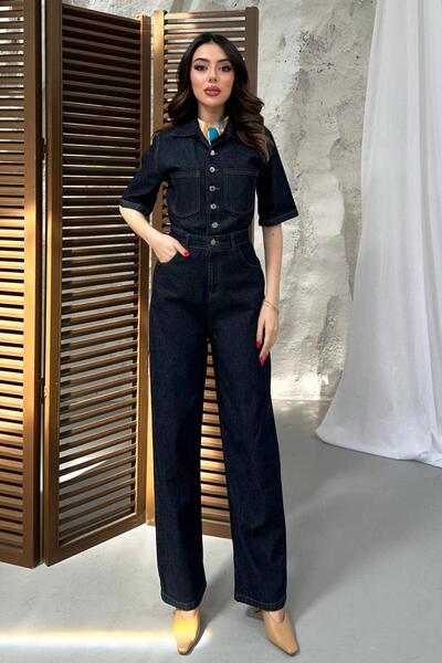 Clothes Fast Women's Blue Denim Jumpsuit Shirt Collar Buttoned Short Sleeve W...