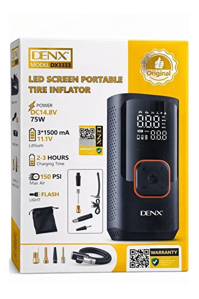 Denx مضخة هواء محمولة DX3333 بشاشة LED - ضاغط هواء لاسلكي بقوة 150 رطل لكل بو...