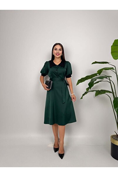 Clothes Fast فستان نسائي متوسط الطول باللون الأخضر الزمردي مع ياقة متباينة وأ...