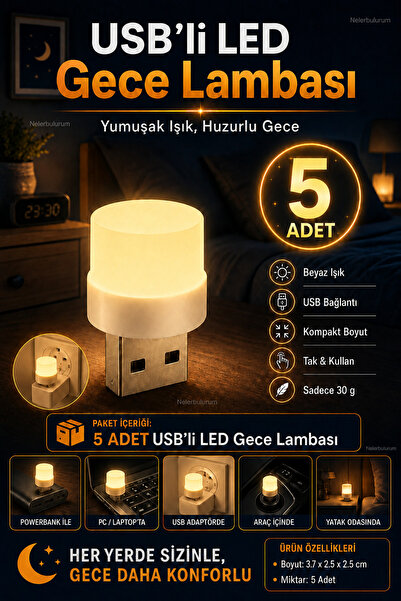 nelerbulurum 5’li USB LED Gece Lambası Koridor Çocuk Odası Çocuk Gece Lambası...