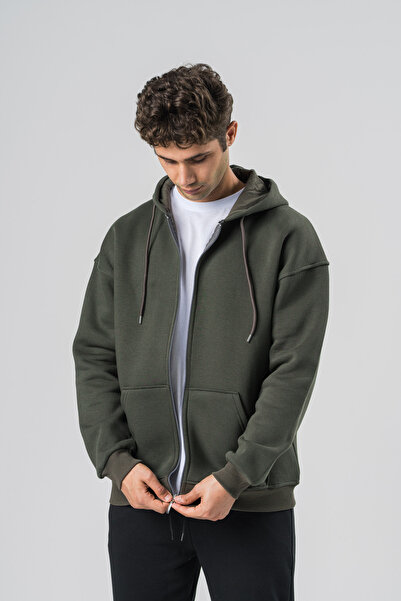 Erkek Haki 3 İplik Oversize Fermuarlı Kapüşonlu Hoodie