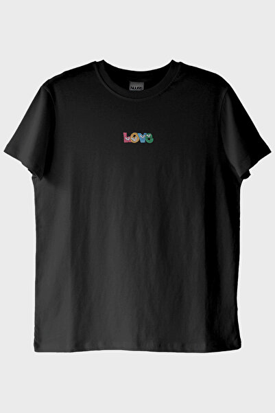 lofux Love Patterned Embroidery Black T-Shirt - Valentine's Day Design