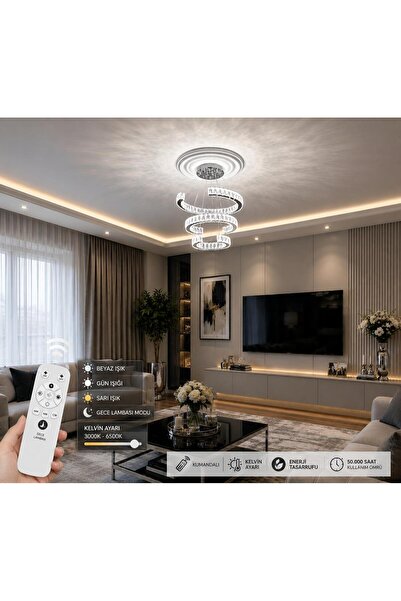 lunexa aydınlatma Kristal Taşlı Led Avize Modern Lüks Sarkıt 3 Renk C Model S...