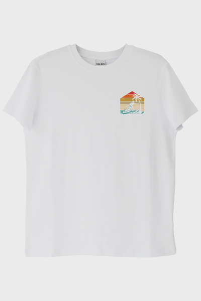 lofux Retro Palm Tree and Surf Print White T-Shirt