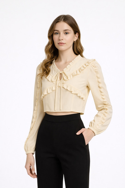 2TRENDY Women's Long-Sleeved Blouse with Ruffled Collar and Front Tie in Ligh...