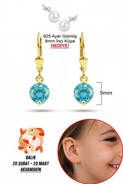 klas gümüş 925 Ayar Gümüş Çocuk Küpesi |5 mm Akuamarin Taşlı Sallantılı Küpe ...