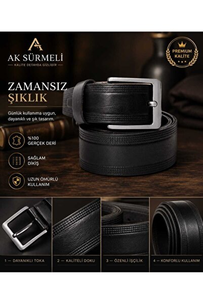 Erkek Siyah % 100 Hakiki,gerçek Dikişli Deri Kemer ; Kumaş, Keten Ve Kanvasa Uygundur. 4,5 CM