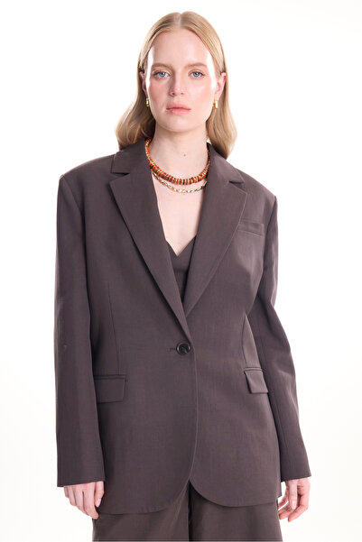 Ted Baker Kahverengi Keten Karışımlı Oversize Mono Kapama Blazer