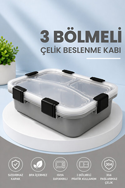 M&L LUNCH BOX 3 Bölmeli Çelik Beslenme Kabı - Okul Ofis ve Kamp İçin Pratik Y...