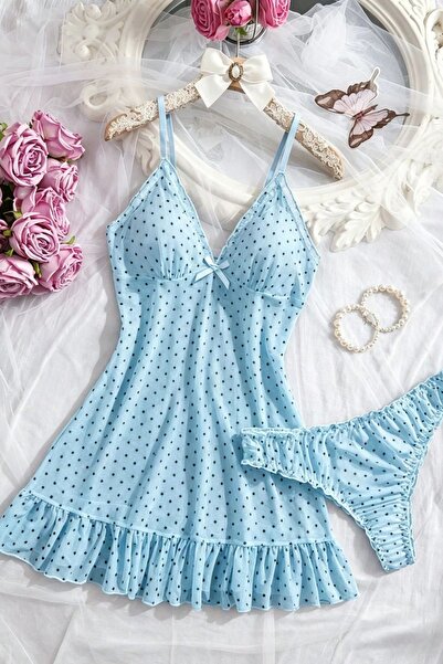 BELLA NOTTE Blue Polka Dot Ruffle Detailed Ribbon Nightgown