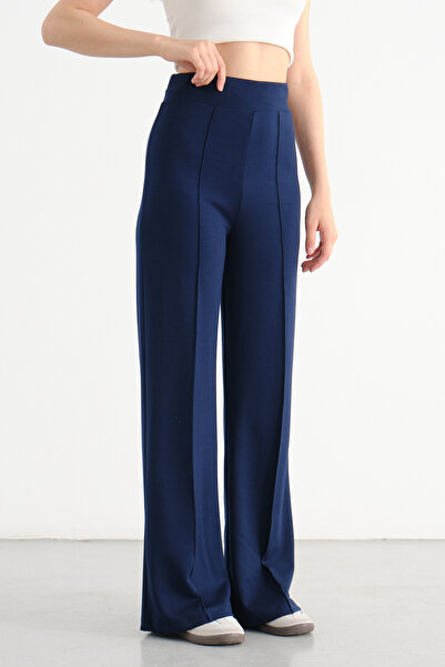 umtlifes Women's Navy Blue Modal Striped Wide-Leg High-Waist Soft Textured El...
