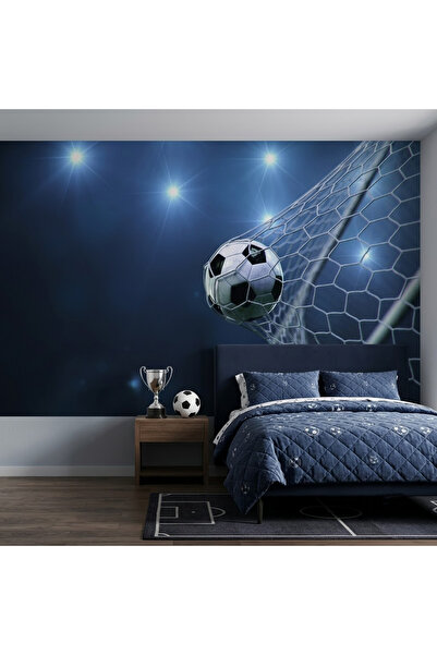 DecorDrive Ağlarla Buluşan Futbol Topu Manzaralı 3D Spor Duvar Kağıdı