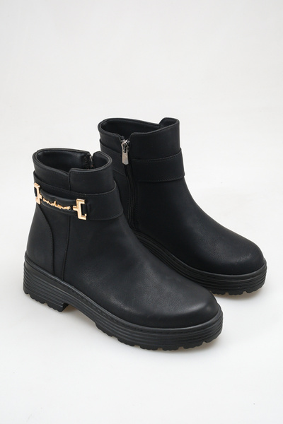 SENASTİL Botine S200 pentru femei, negre, cu cataramă aurie și fermoar, cu ta...