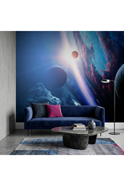 DecorDrive Derin Uzayda Dev Mavi Gezegen Manzaralı Duvar Kağıdı
