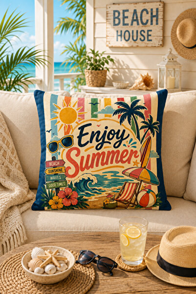 Hayal Dekoratif Yaz Temalı Summer Vibes Çizgili Dijital Baskılı Enerjik Temalı Dijital Baskılı 4'lü Kırlent Kılıfı