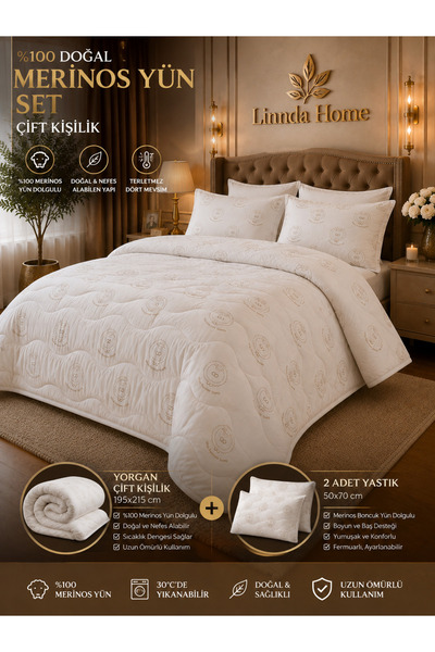 Linnda Home Çift Kişilik %100 Merinos Yün Dolgulu Yorgan Seti Sıcak Tutan Nef...