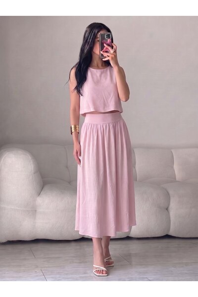 Donatello Sıfır Yaka Crop Bluz ve Beli Lastikli Dökümlü Midi Etek Pembe %100 ...